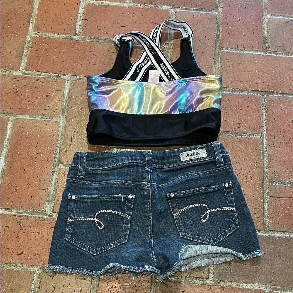 Justice Dark‎ Blue Sequin Jean Shorts & Metallic Sports Bra